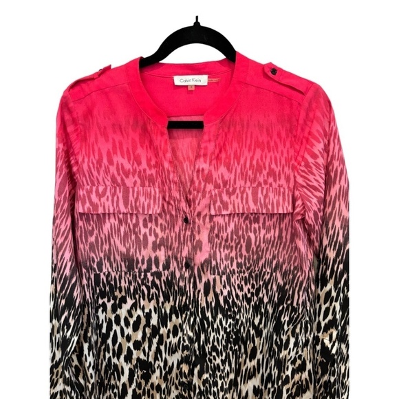 Calvin Klein Popover Top Pink Ombre Animal Print Roll Tab Sleeves Size Small - Picture 1 of 4
